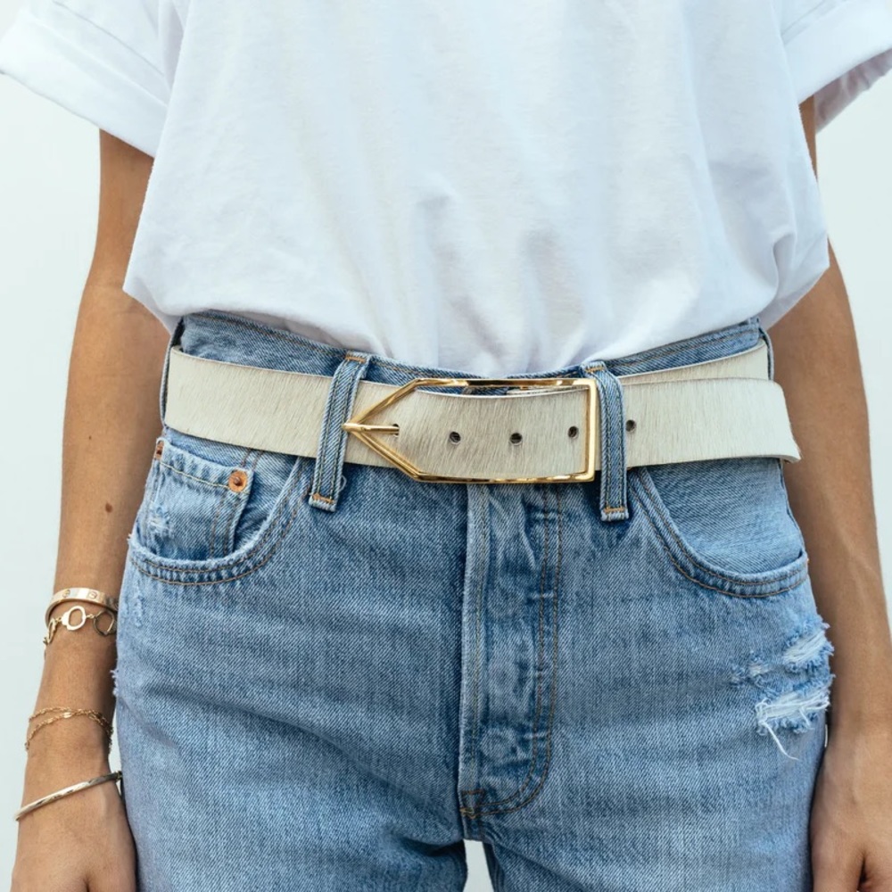 Coco Sands Creamy White Hair-On Hide Leather Waist Belt w/ Gold Hardware